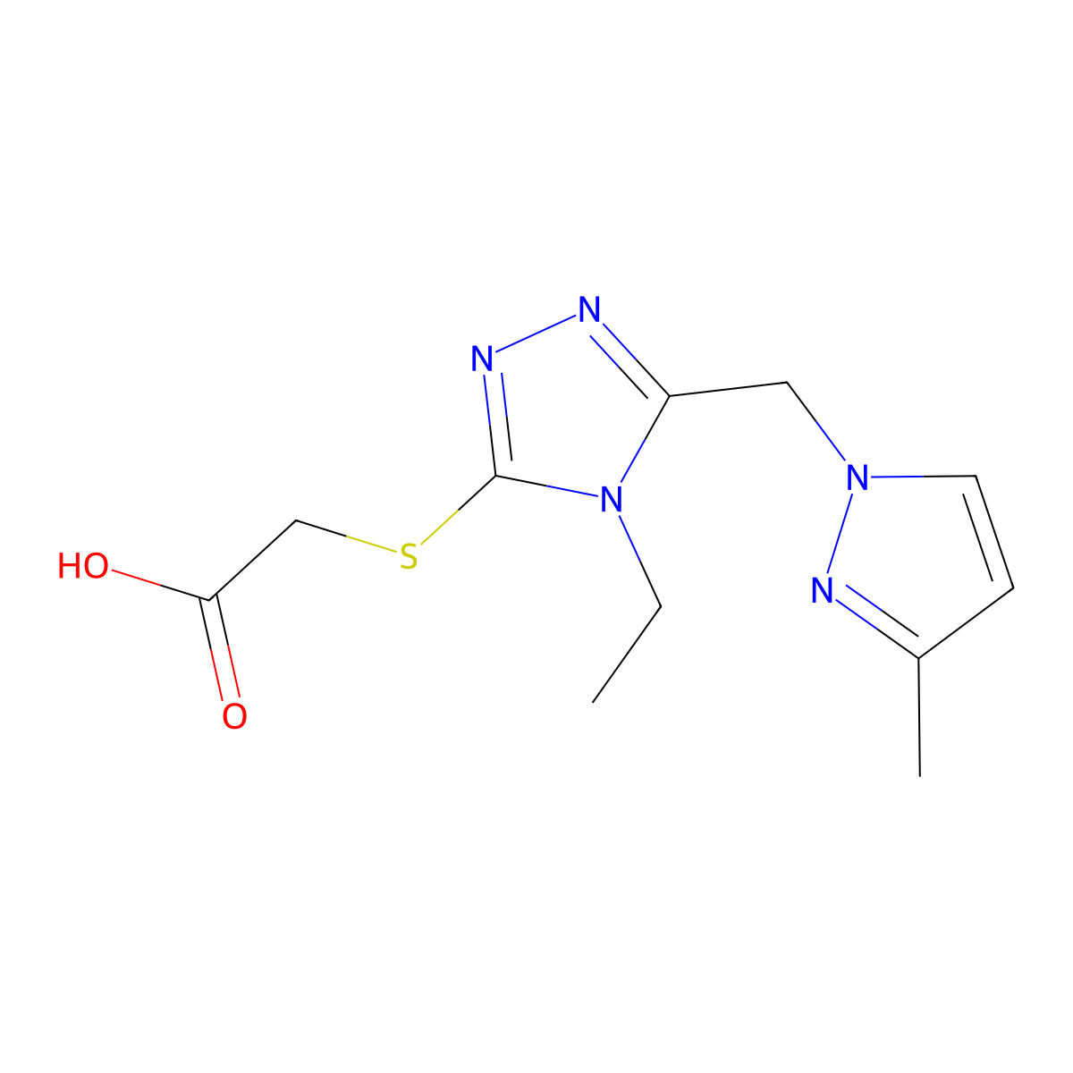 ((4-Ethyl-5-[(3-methyl-1H-pyrazol-1-yl)methyl]-4H-1,2,4-triazol-3-yl)thio)acetic acid molecular structure, CAS 1005615-27-9