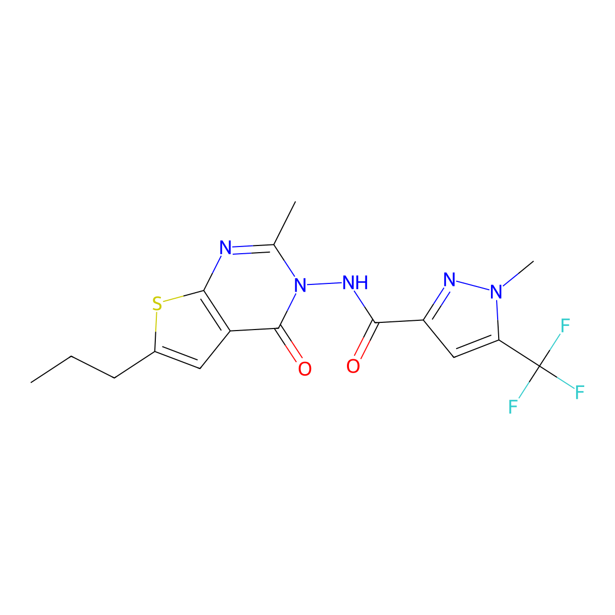 1-methyl-N-(2-methyl-4-oxo-6-propylthieno[2,3-d]pyrimidin-3-yl)-5-(trifluoromethyl)pyrazole-3-carboxamide molecular structure, CAS 1005615-64-4