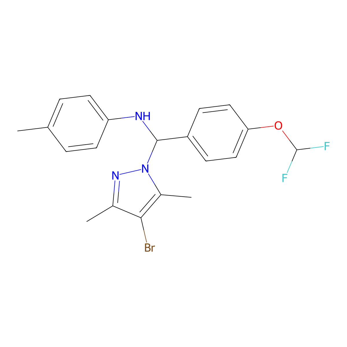 N-{(4-bromo-3,5-dimethyl-1H-pyrazol-1-yl)[4-(difluoromethoxy)phenyl]methyl}-4-methylaniline molecular structure, CAS 1005615-75-7