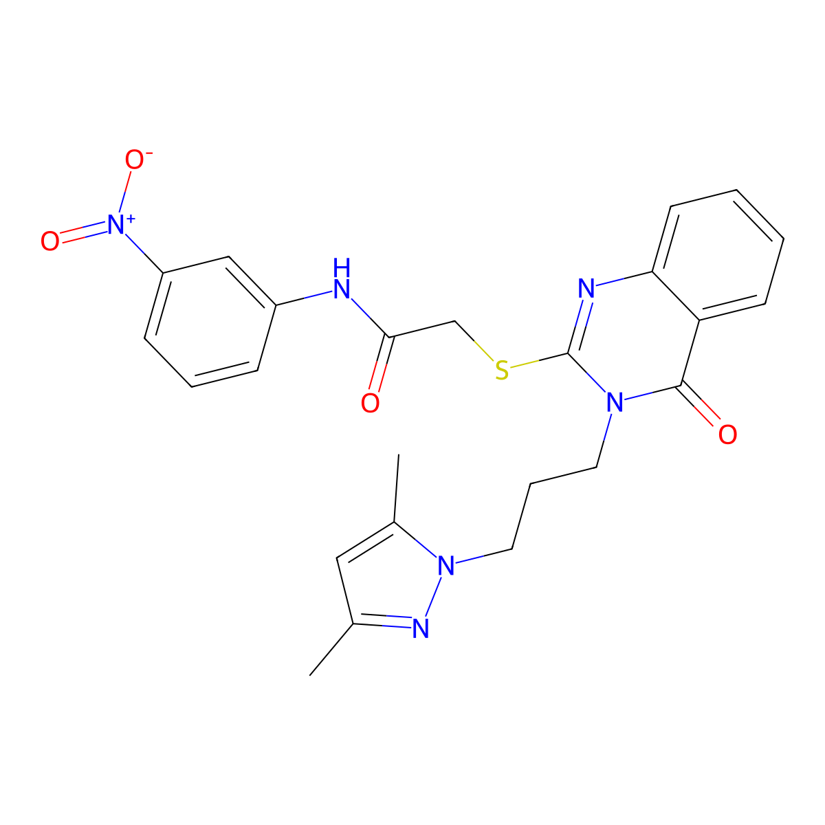 2-({3-[3-(3,5-dimethyl-1H-pyrazol-1-yl)propyl]-4-oxo-3,4-dihydroquinazolin-2-yl}sulfanyl)-N-(3-nitrophenyl)acetamide molecular structure, CAS 1005615-77-9