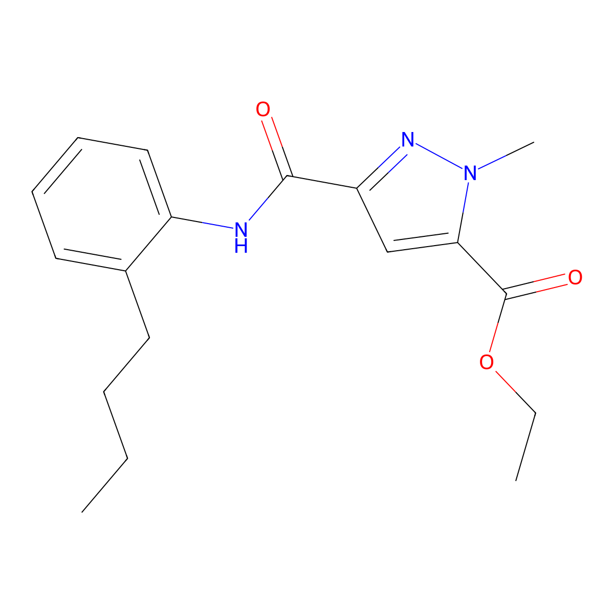 ethyl 3-((2-butylphenyl)carbamoyl)-1-methyl-1H-pyrazole-5-carboxylate molecular structure, CAS 1005615-81-5