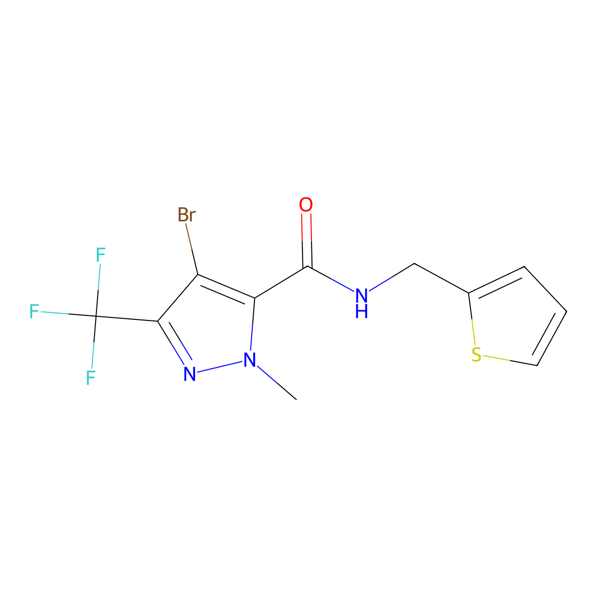 4-bromo-2-methyl-N-(thiophen-2-ylmethyl)-5-(trifluoromethyl)pyrazole-3-carboxamide molecular structure, CAS 1005616-19-2
