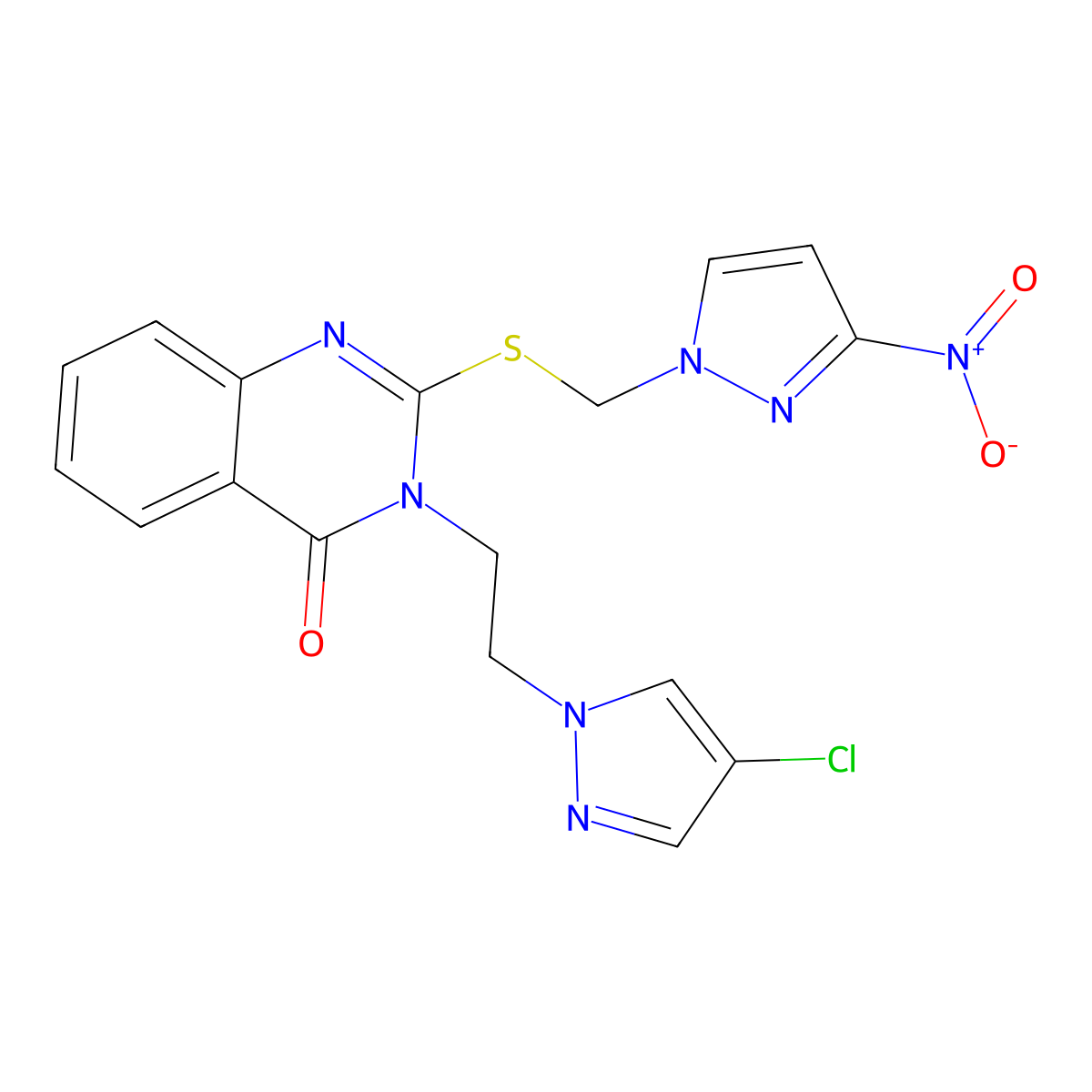 3-[2-(4-chloro-1H-pyrazol-1-yl)ethyl]-2-{[(3-nitro-1H-pyrazol-1-yl)methyl]sulfanyl}quinazolin-4(3H)-one molecular structure, CAS 1005616-22-7