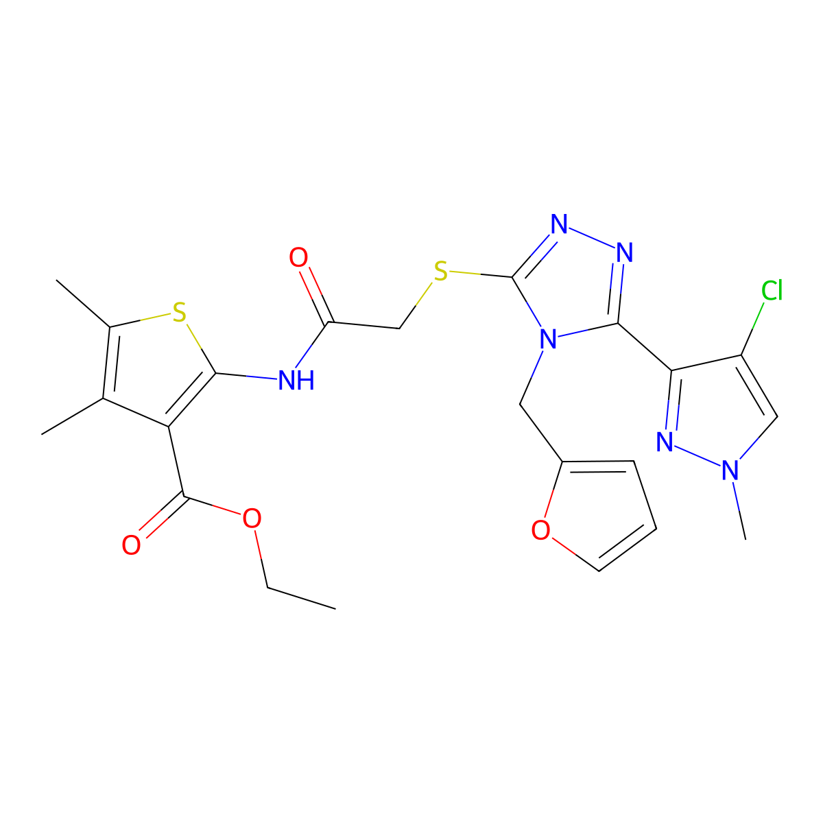 ethyl 2-[({[5-(4-chloro-1-methyl-1H-pyrazol-3-yl)-4-(furan-2-ylmethyl)-4H-1,2,4-triazol-3-yl]sulfanyl}acetyl)amino]-4,5-dimethylthiophene-3-carboxylate molecular structure, CAS 1005616-26-1
