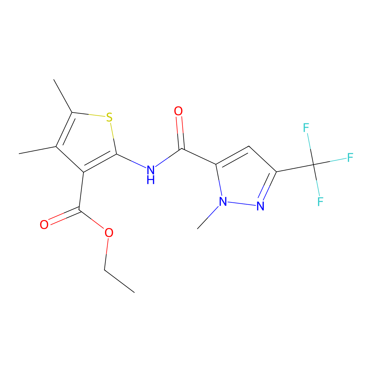 ethyl 4,5-dimethyl-2-({[1-methyl-3-(trifluoromethyl)-1H-pyrazol-5-yl]carbonyl}amino)thiophene-3-carboxylate molecular structure, CAS 1005616-68-1