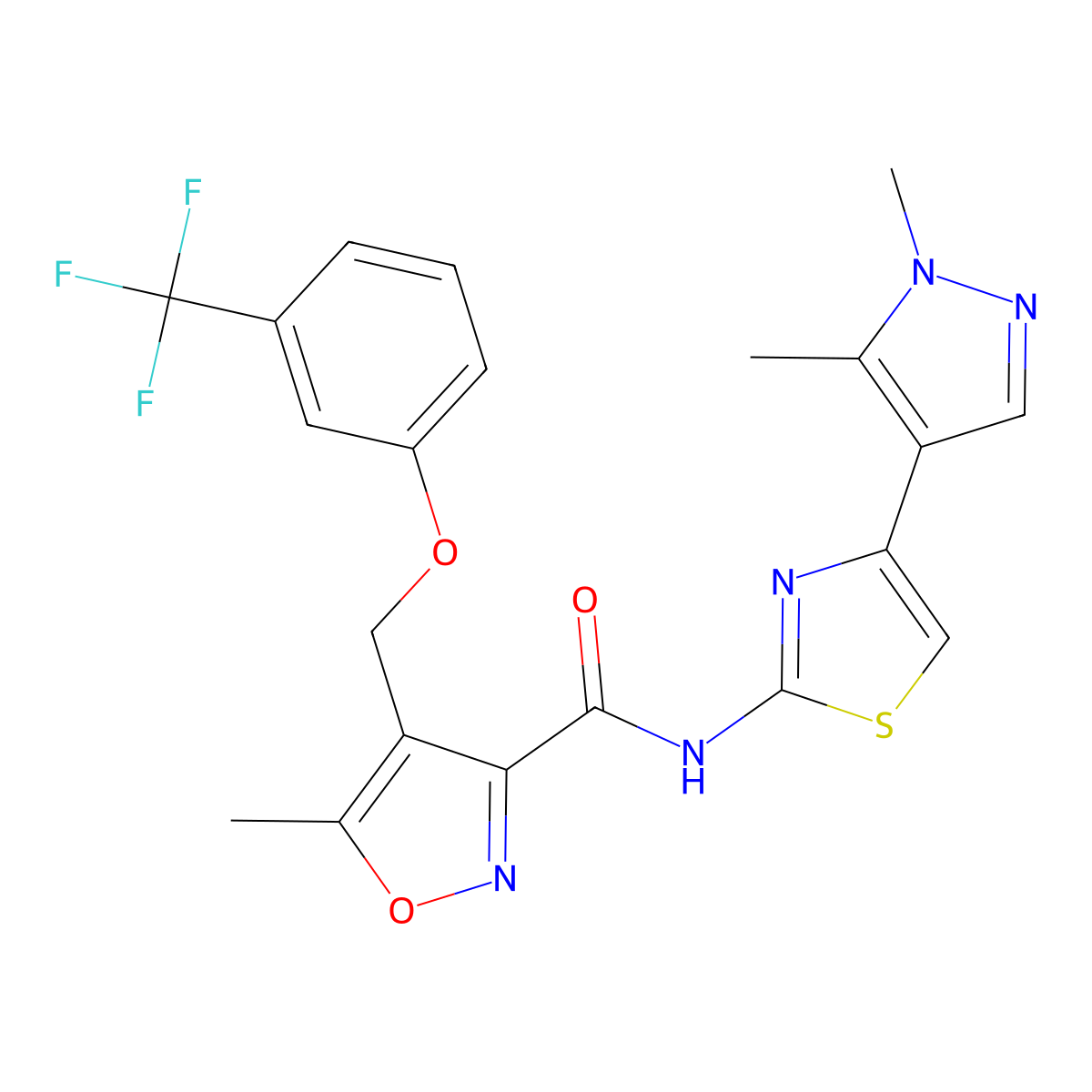 N-[4-(1,5-dimethyl-1H-pyrazol-4-yl)-1,3-thiazol-2-yl]-5-methyl-4-{[3-(trifluoromethyl)phenoxy]methyl}-1,2-oxazole-3-carboxamide molecular structure, CAS 1005617-03-7