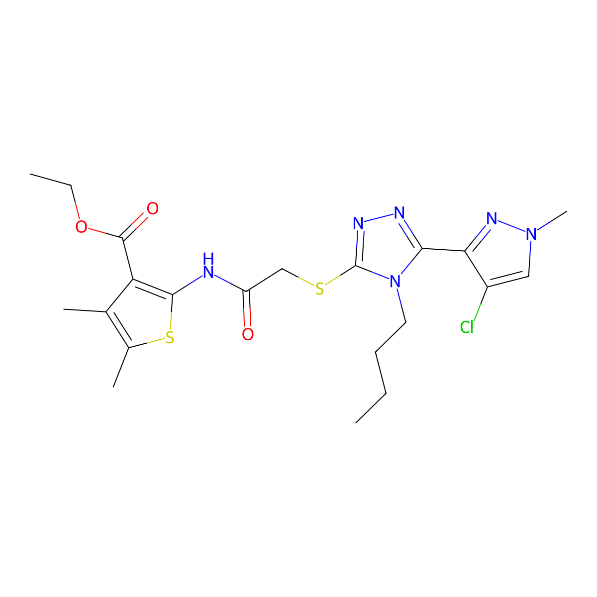 ethyl 2-[({[4-butyl-5-(4-chloro-1-methyl-1H-pyrazol-3-yl)-4H-1,2,4-triazol-3-yl]sulfanyl}acetyl)amino]-4,5-dimethylthiophene-3-carboxylate molecular structure, CAS 1005617-41-3