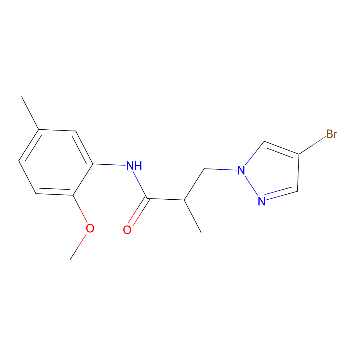 3-(4-bromopyrazol-1-yl)-N-(2-methoxy-5-methylphenyl)-2-methylpropanamide molecular structure, CAS 1005617-59-3