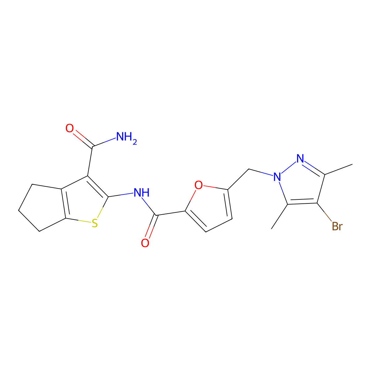 5-[(4-bromo-3,5-dimethylpyrazol-1-yl)methyl]-N-(3-carbamoyl-5,6-dihydro-4H-cyclopenta[b]thiophen-2-yl)furan-2-carboxamide molecular structure, CAS 1005617-66-2