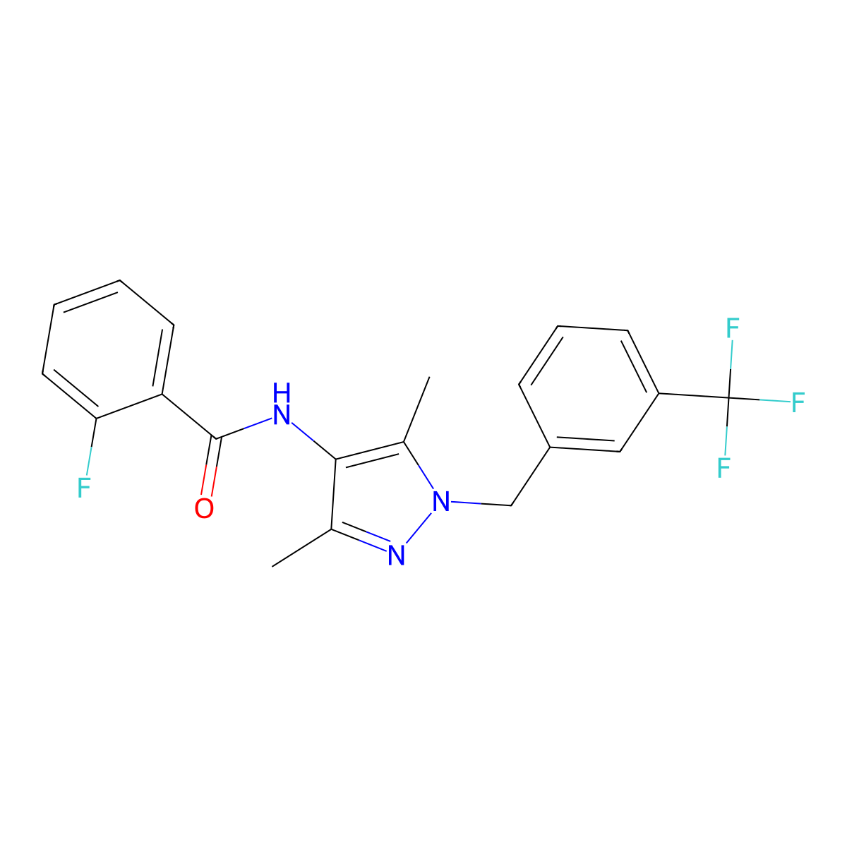 N-{3,5-dimethyl-1-[3-(trifluoromethyl)benzyl]-1H-pyrazol-4-yl}-2-fluorobenzamide molecular structure, CAS 1005617-94-6