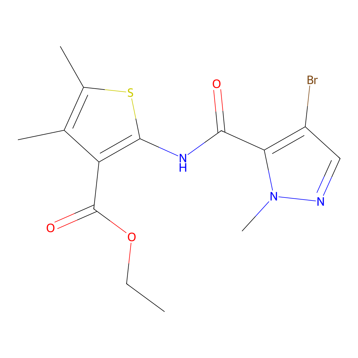ethyl 2-{[(4-bromo-1-methyl-1H-pyrazol-5-yl)carbonyl]amino}-4,5-dimethylthiophene-3-carboxylate molecular structure, CAS 1005618-11-0