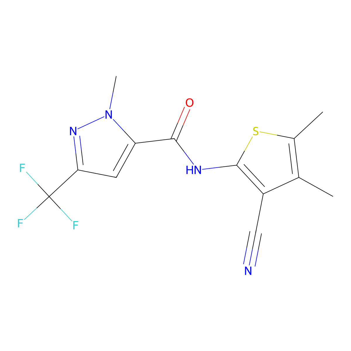 N-(3-cyano-4,5-dimethylthiophen-2-yl)-2-methyl-5-(trifluoromethyl)pyrazole-3-carboxamide molecular structure, CAS 1005618-32-5