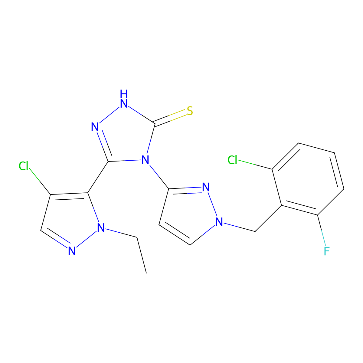 5-(4-chloro-1-ethyl-1H-pyrazol-5-yl)-4-[1-(2-chloro-6-fluorobenzyl)-1H-pyrazol-3-yl]-4H-1,2,4-triazole-3-thiol molecular structure, CAS 1005618-79-0