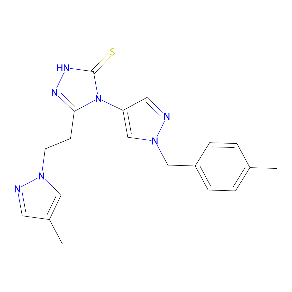 4-[1-(4-methylbenzyl)-1H-pyrazol-4-yl]-5-[2-(4-methyl-1H-pyrazol-1-yl)ethyl]-4H-1,2,4-triazole-3-thiol molecular structure, CAS 1005619-45-3