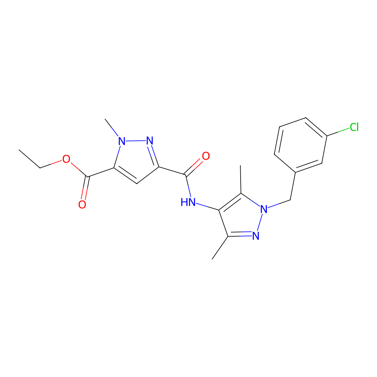 ethyl 3-((1-(3-chlorobenzyl)-3,5-dimethyl-1H-pyrazol-4-yl)carbamoyl)-1-methyl-1H-pyrazole-5-carboxylate molecular structure, CAS 1005619-60-2