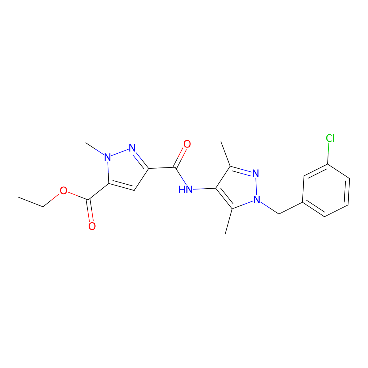 ethyl 3-((1-(3-chlorobenzyl)-3,5-dimethyl-1H-pyrazol-4-yl)carbamoyl)-1-methyl-1H-pyrazole-5-carboxylate molecular structure, CAS 1005619-60-2