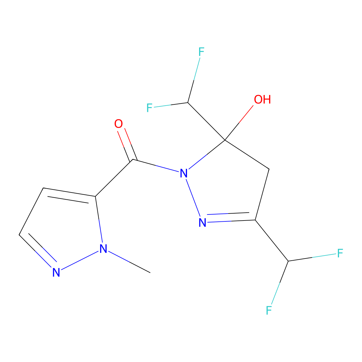 [3,5-bis(difluoromethyl)-5-hydroxy-4H-pyrazol-1-yl]-(2-methylpyrazol-3-yl)methanone molecular structure, CAS 1005619-70-4