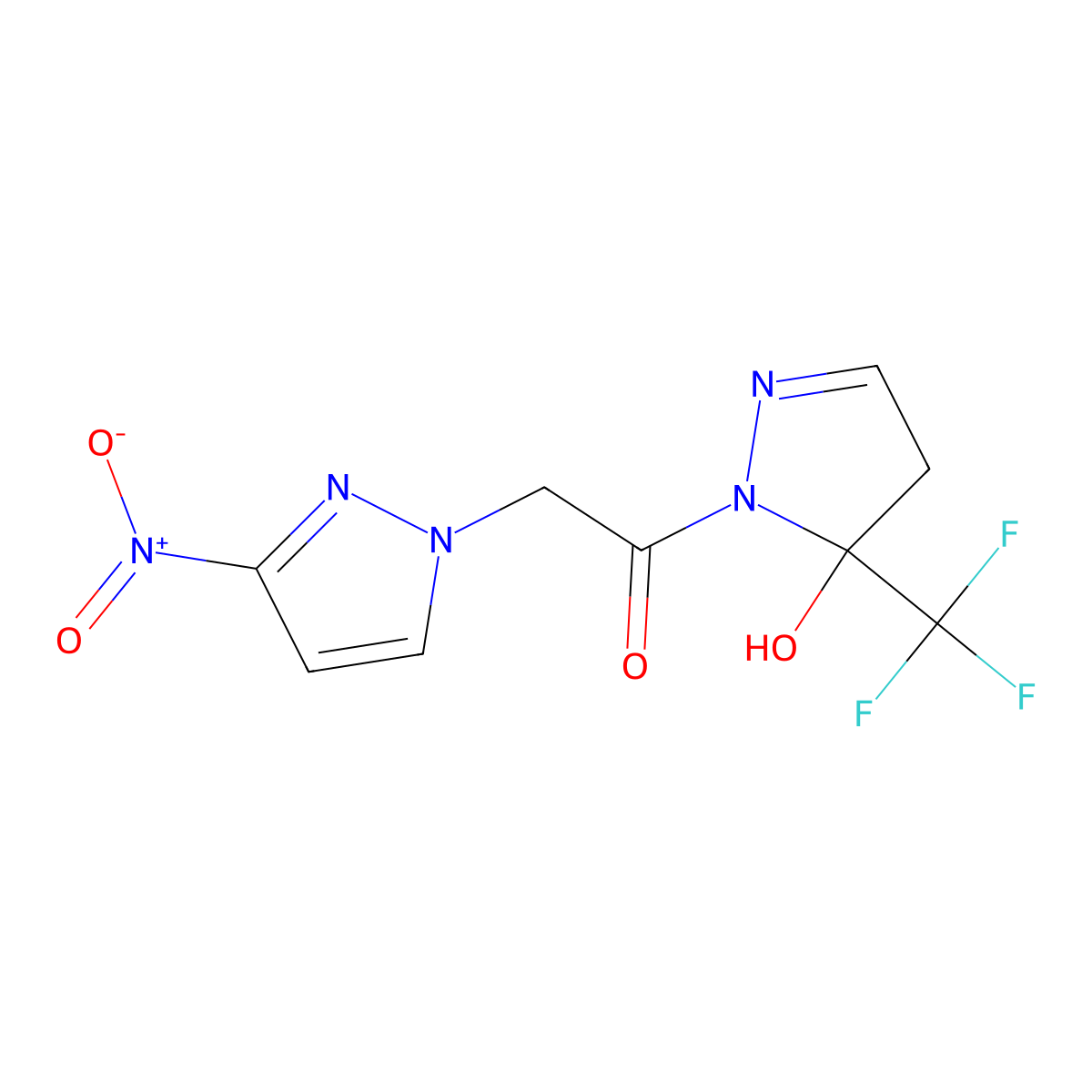 1-[5-hydroxy-5-(trifluoromethyl)-4,5-dihydro-1H-pyrazol-1-yl]-2-(3-nitro-1H-pyrazol-1-yl)ethanone molecular structure, CAS 1005619-95-3
