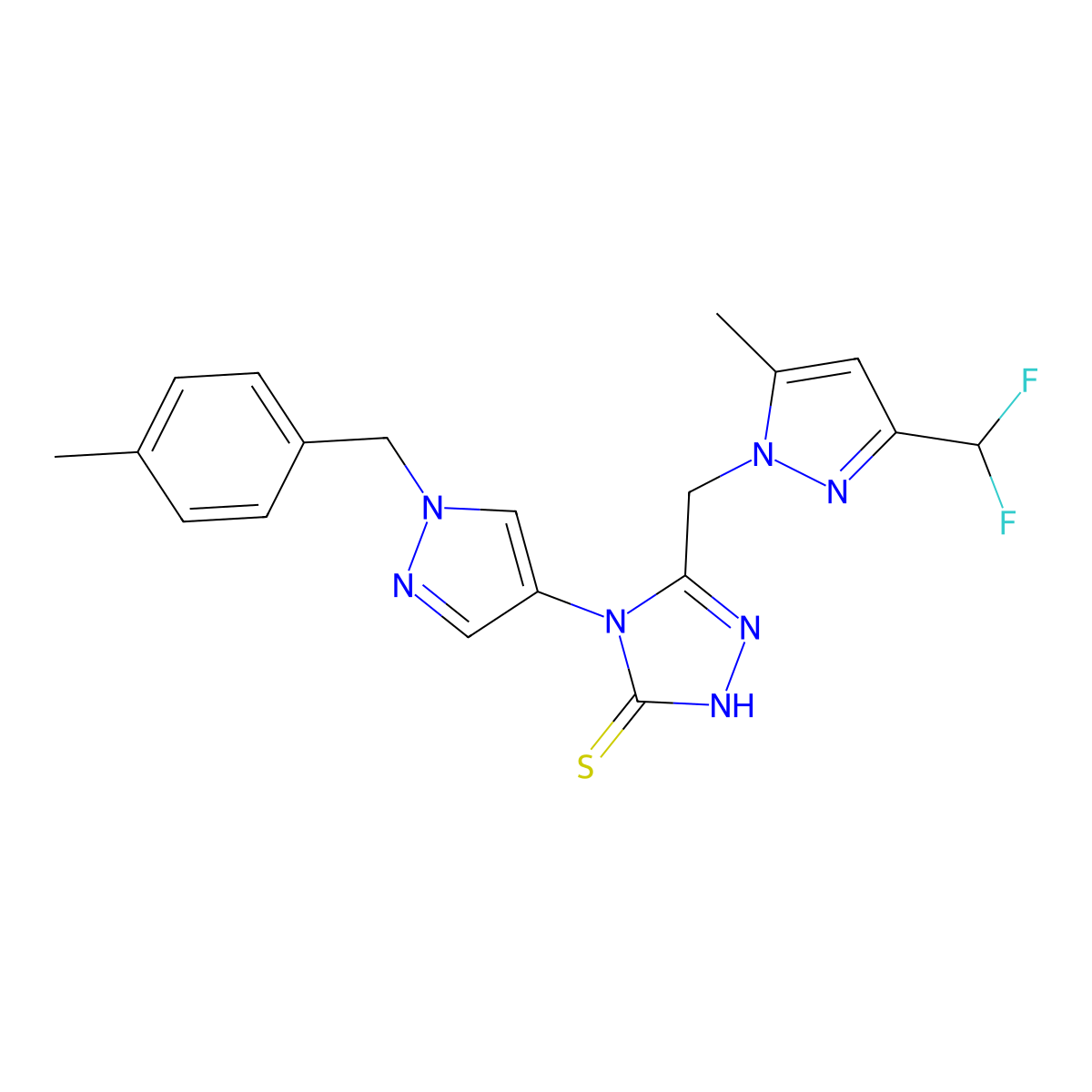 5-{[3-(difluoromethyl)-5-methyl-1H-pyrazol-1-yl]methyl}-4-[1-(4-methylbenzyl)-1H-pyrazol-4-yl]-4H-1,2,4-triazole-3-thiol molecular structure, CAS 1005620-13-2