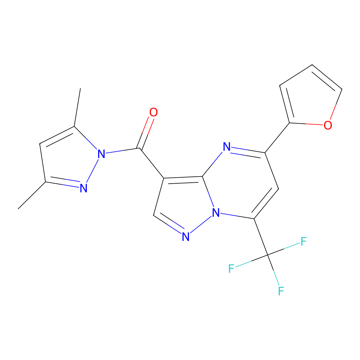 (3,5-Dimethylpyrazol-1-yl)-[5-(furan-2-yl)-7-(trifluoromethyl)pyrazolo[1,5-a]pyrimidin-3-yl]methanone molecular structure, CAS 1005620-28-9