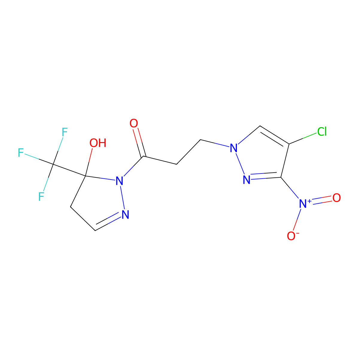 3-(4-chloro-3-nitro-1H-pyrazol-1-yl)-1-[5-hydroxy-5-(trifluoromethyl)-4,5-dihydro-1H-pyrazol-1-yl]propan-1-one molecular structure, CAS 1005620-49-4