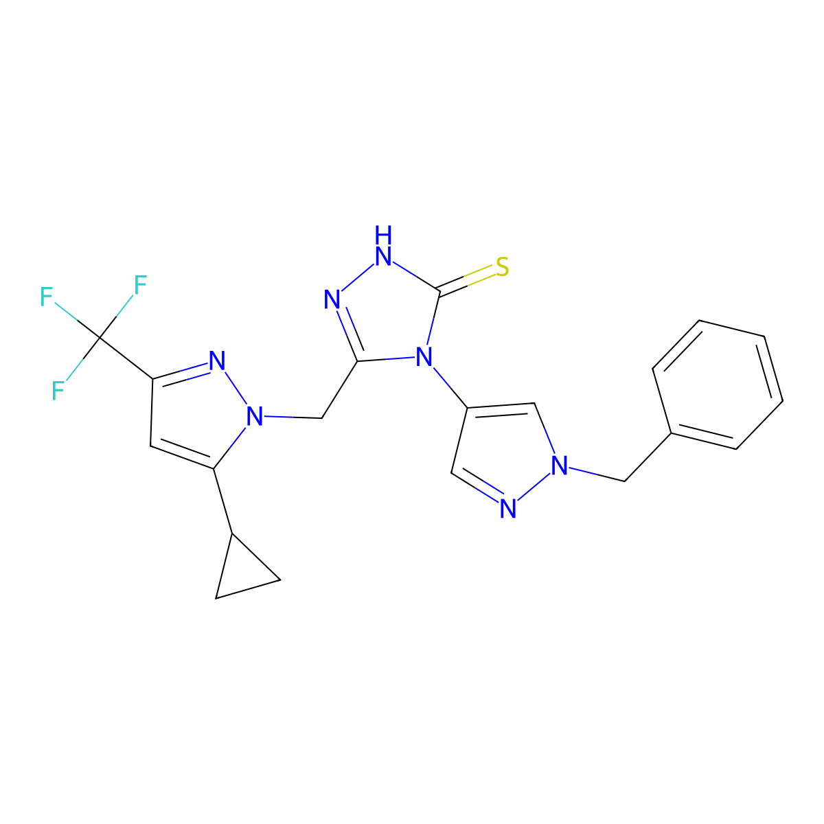 4-(1-benzyl-1H-pyrazol-4-yl)-5-{[5-cyclopropyl-3-(trifluoromethyl)-1H-pyrazol-1-yl]methyl}-4H-1,2,4-triazole-3-thiol molecular structure, CAS 1005620-74-5