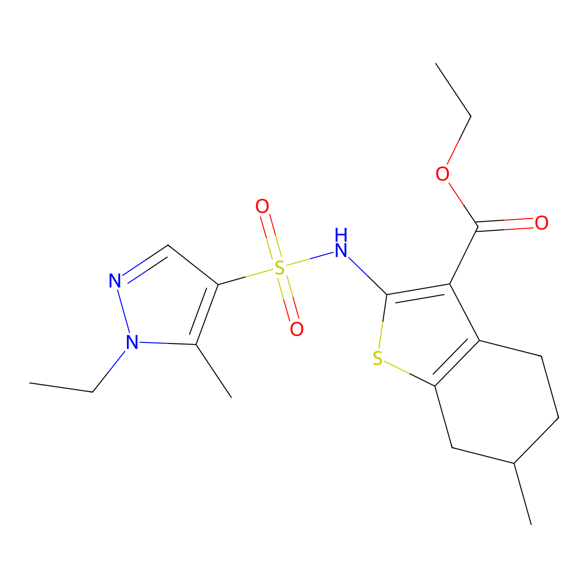 ethyl 2-{[(1-ethyl-5-methyl-1H-pyrazol-4-yl)sulfonyl]amino}-6-methyl-4,5,6,7-tetrahydro-1-benzothiophene-3-carboxylate molecular structure, CAS 1005620-94-9