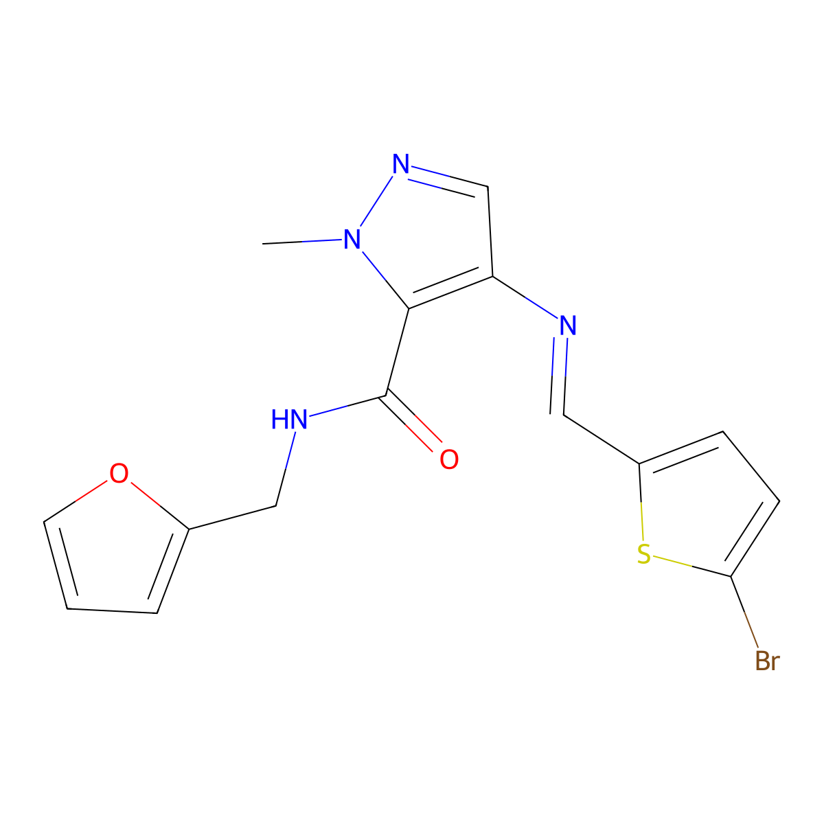 4-{[(E)-(5-bromothiophen-2-yl)methylidene]amino}-N-(furan-2-ylmethyl)-1-methyl-1H-pyrazole-5-carboxamide molecular structure, CAS 1005621-19-1