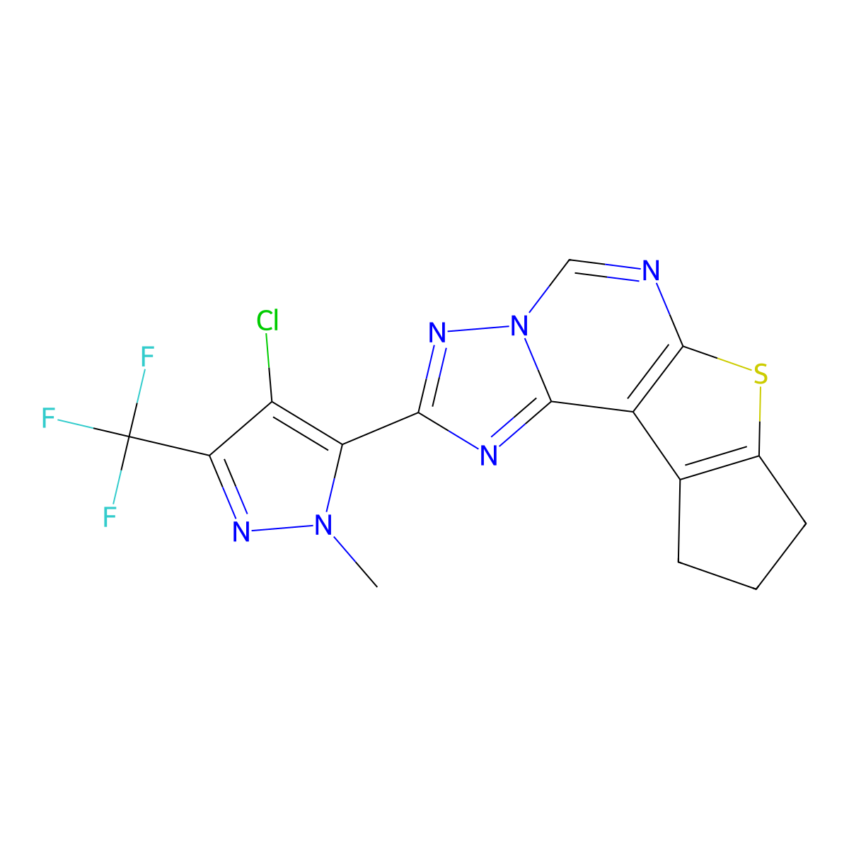 2-[4-chloro-1-methyl-3-(trifluoromethyl)-1H-pyrazol-5-yl]-9,10-dihydro-8H-cyclopenta[4,5]thieno[3,2-e][1,2,4]triazolo[1,5-c]pyrimidine molecular structure, CAS 1005621-66-8