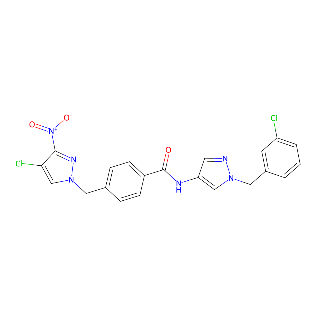 N-[1-(3-chlorobenzyl)-1H-pyrazol-4-yl]-4-[(4-chloro-3-nitro-1H-pyrazol-1-yl)methyl]benzamide molecular structure, CAS 1005621-85-1