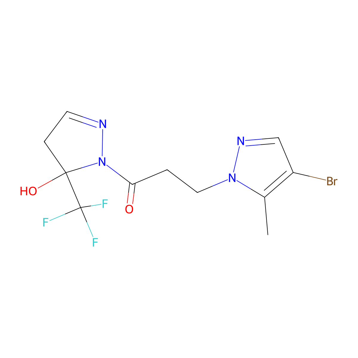 3-(4-bromo-5-methyl-1H-pyrazol-1-yl)-1-[5-hydroxy-5-(trifluoromethyl)-4,5-dihydro-1H-pyrazol-1-yl]propan-1-one molecular structure, CAS 1005622-10-5