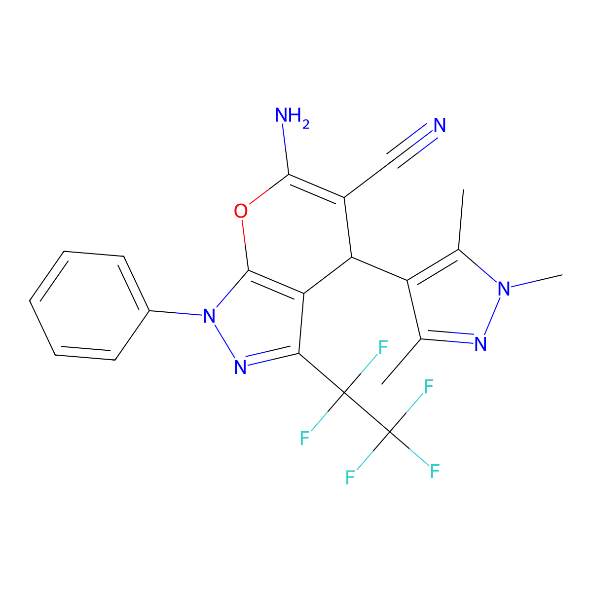 6-amino-3-(1,1,2,2,2-pentafluoroethyl)-1-phenyl-4-(1,3,5-trimethylpyrazol-4-yl)-4H-pyrano[2,3-c]pyrazole-5-carbonitrile molecular structure, CAS 1005622-58-1