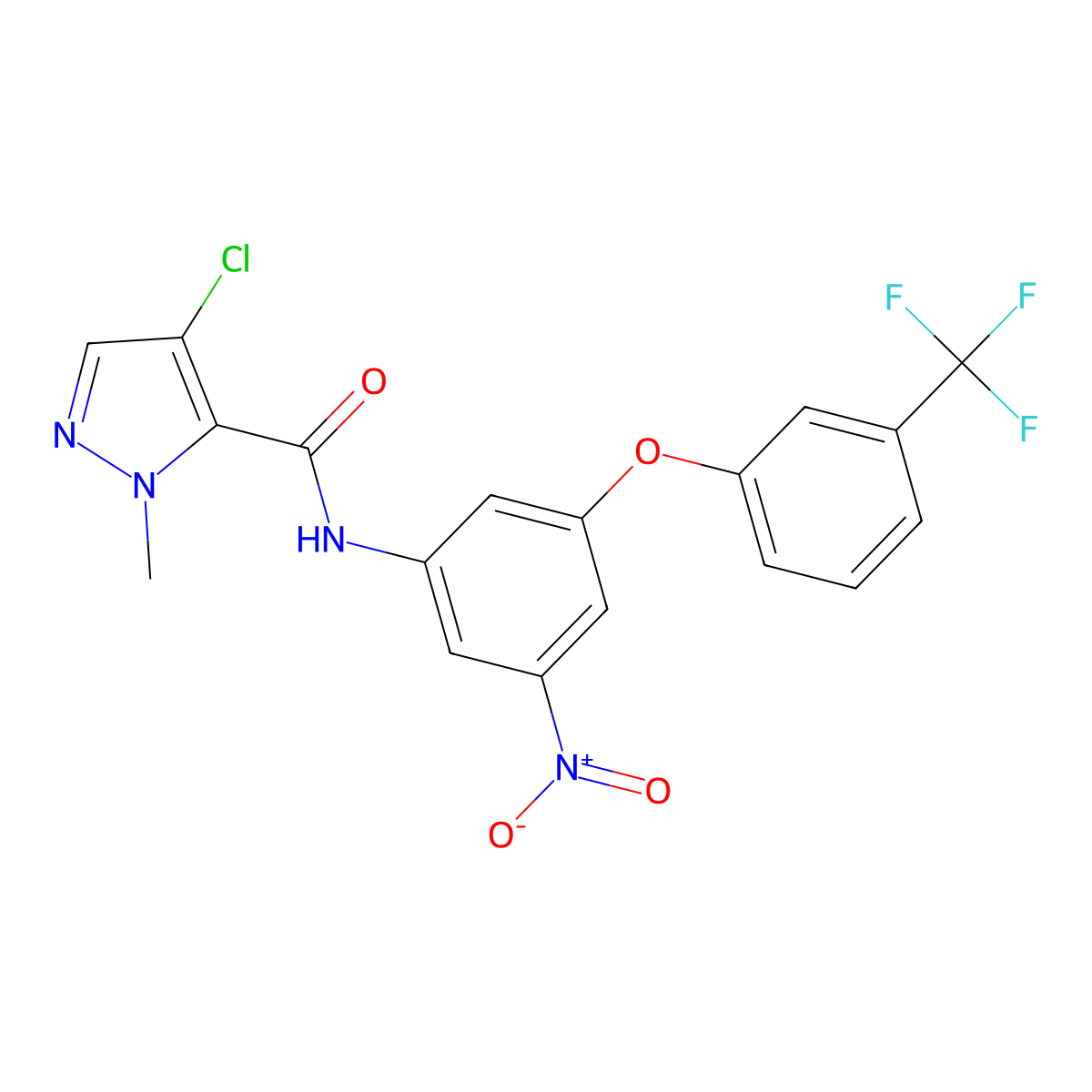 4-chloro-1-methyl-N-{3-nitro-5-[3-(trifluoromethyl)phenoxy]phenyl}-1H-pyrazole-5-carboxamide molecular structure, CAS 1005622-62-7