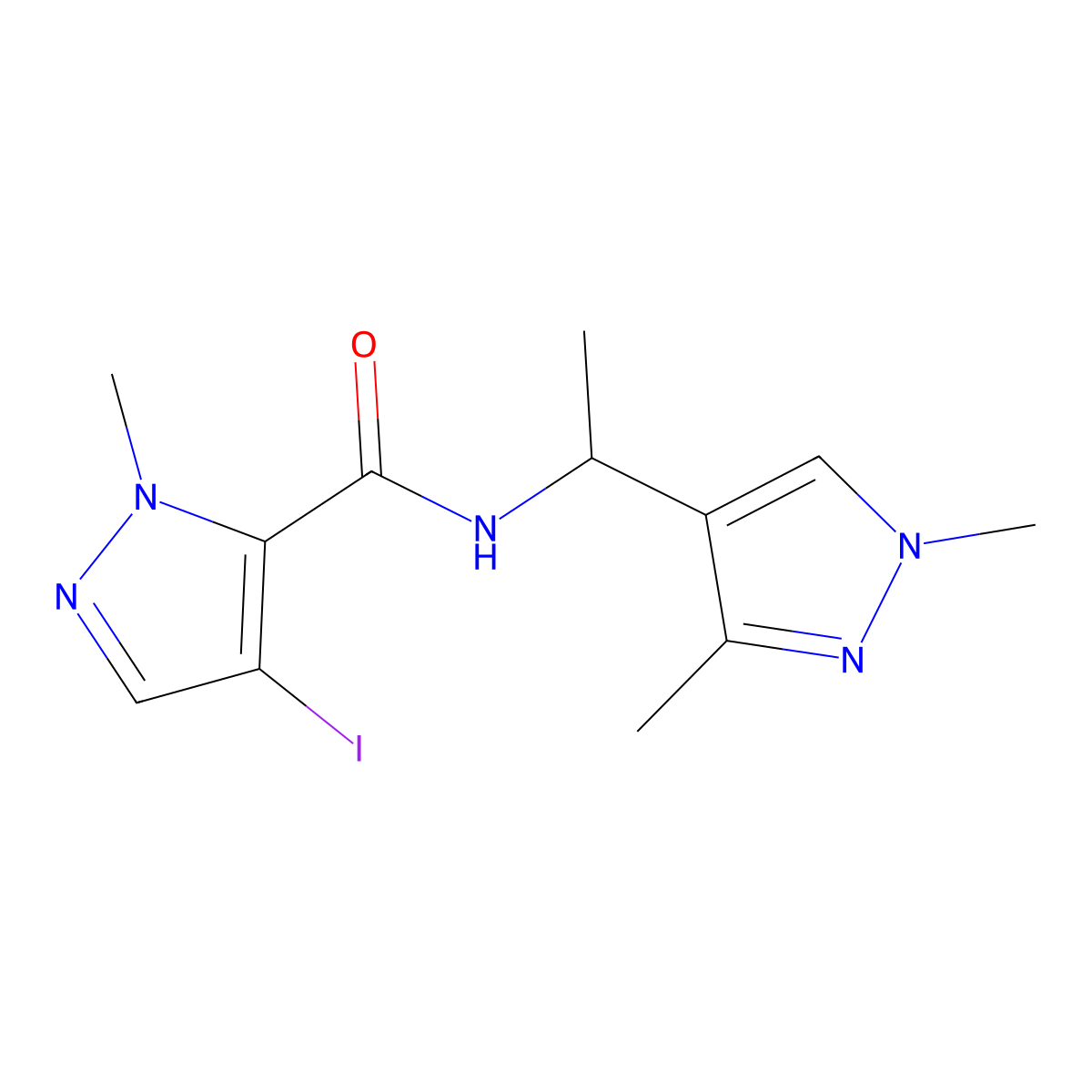 N-[1-(1,3-dimethylpyrazol-4-yl)ethyl]-4-iodo-2-methylpyrazole-3-carboxamide molecular structure, CAS 1005622-64-9