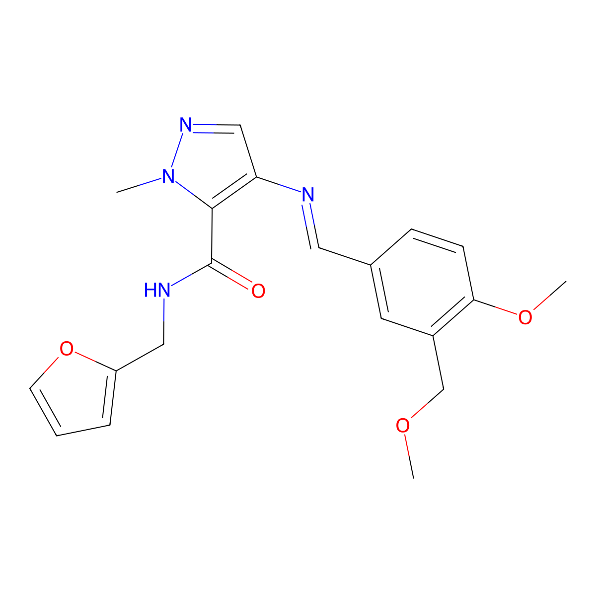 N-(furan-2-ylmethyl)-4-[[4-methoxy-3-(methoxymethyl)phenyl]methylideneamino]-2-methylpyrazole-3-carboxamide molecular structure, CAS 1005622-72-9