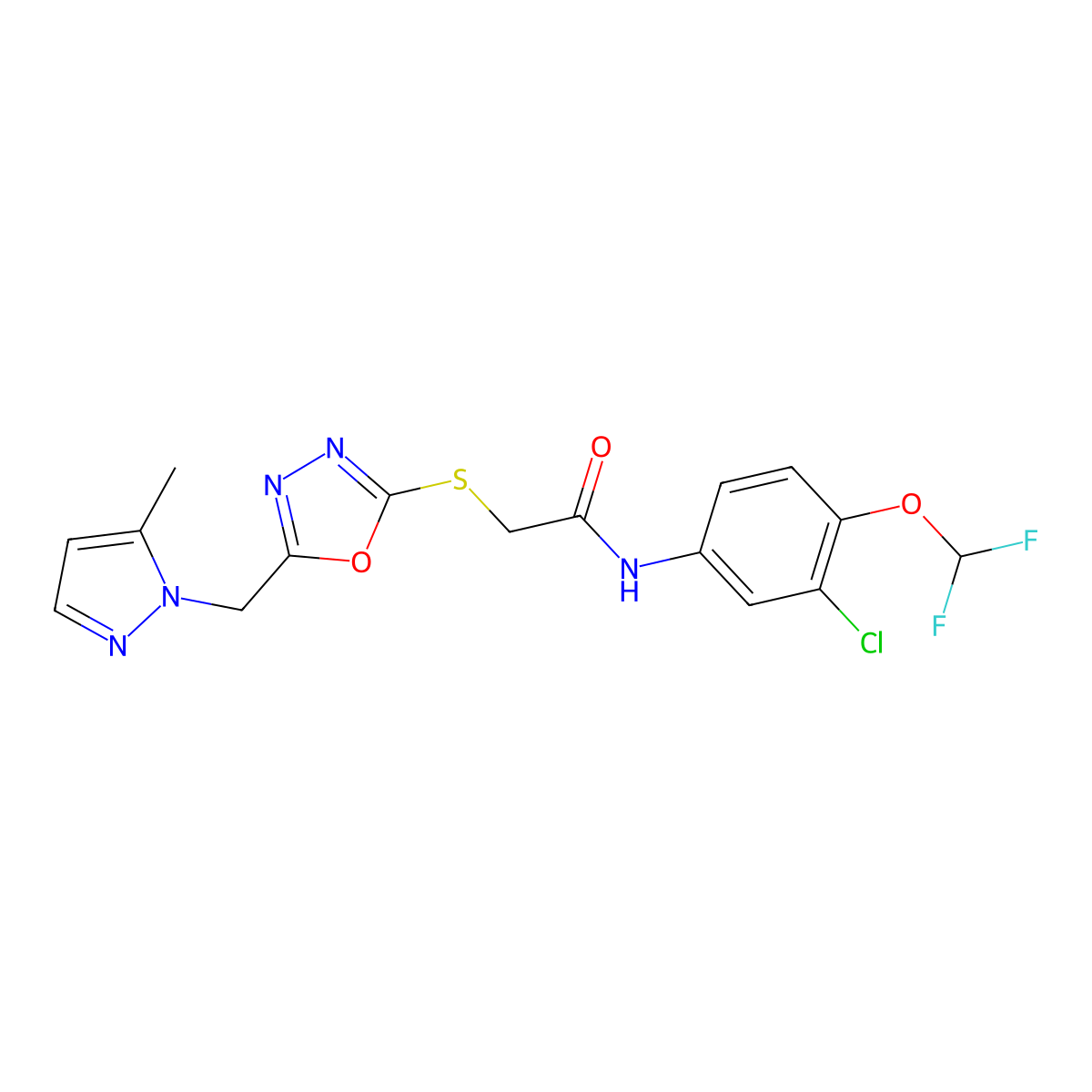 N-[3-chloro-4-(difluoromethoxy)phenyl]-2-({5-[(5-methyl-1H-pyrazol-1-yl)methyl]-1,3,4-oxadiazol-2-yl}sulfanyl)acetamide molecular structure, CAS 1005622-95-6