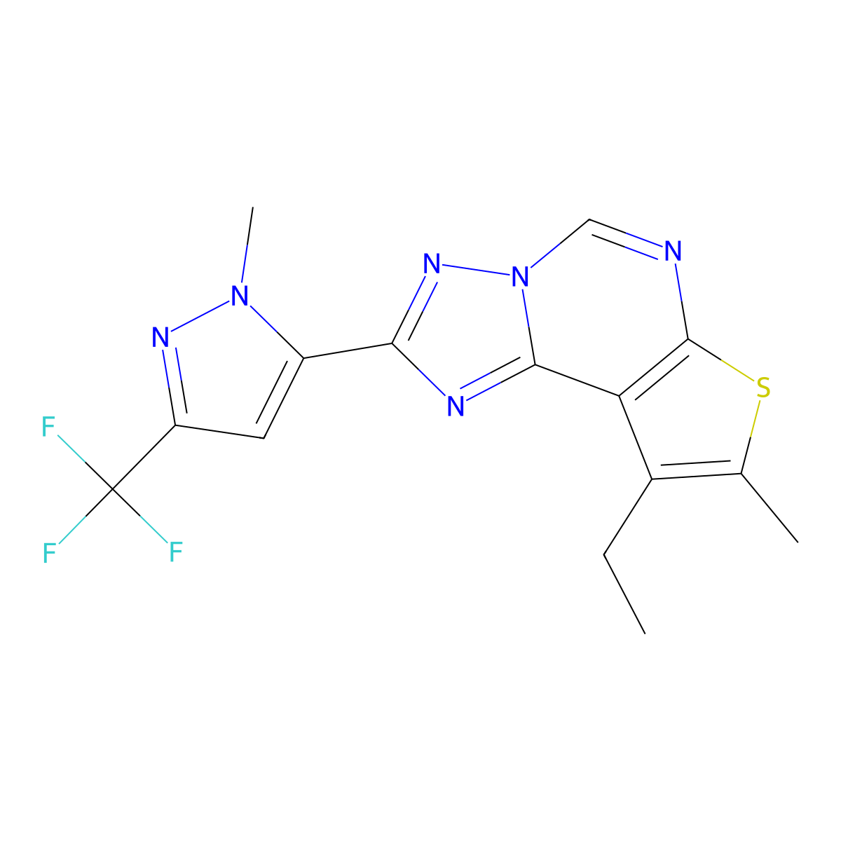 9-ethyl-8-methyl-2-[1-methyl-3-(trifluoromethyl)-1H-pyrazol-5-yl]thieno[3,2-e][1,2,4]triazolo[1,5-c]pyrimidine molecular structure, CAS 1005622-99-0