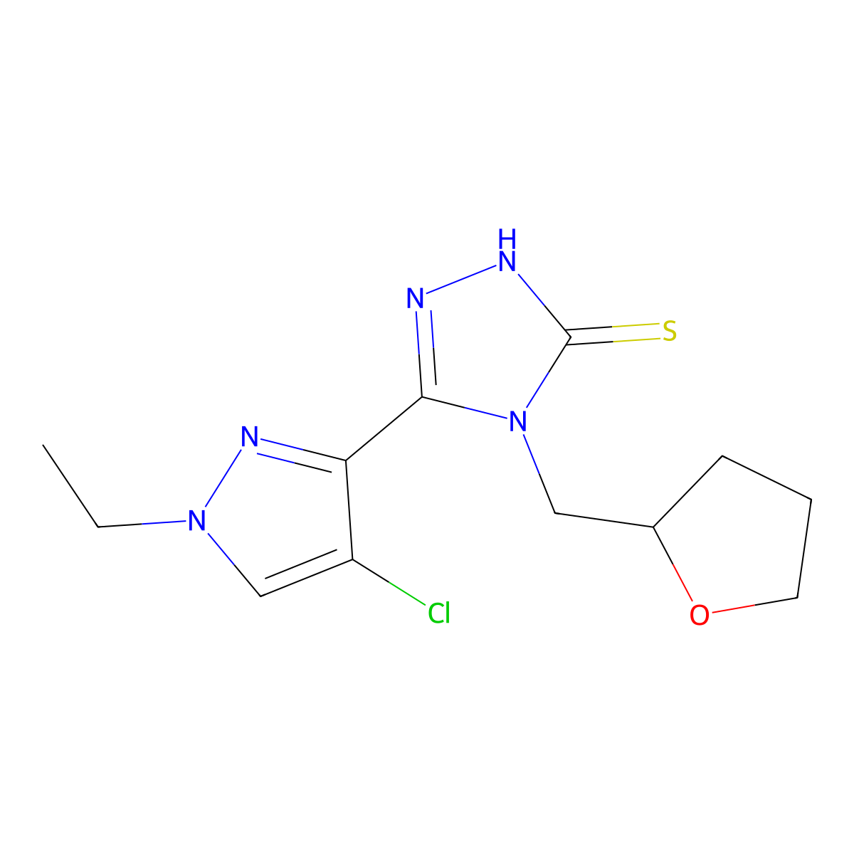 5-(4-Chloro-1-ethyl-1H-pyrazol-3-yl)-4-((tetrahydrofuran-2-yl)methyl)-4H-1,2,4-triazole-3-thiol molecular structure, CAS 1005623-31-3