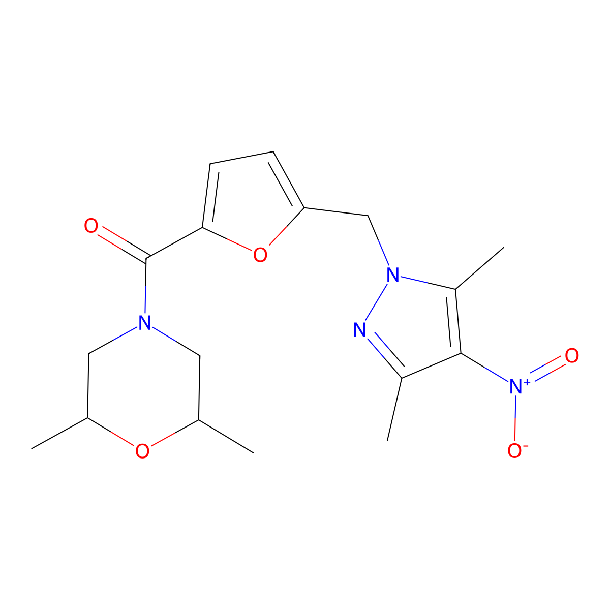 (2,6-dimethylmorpholin-4-yl){5-[(3,5-dimethyl-4-nitro-1H-pyrazol-1-yl)methyl]furan-2-yl}methanone molecular structure, CAS 1005624-27-0