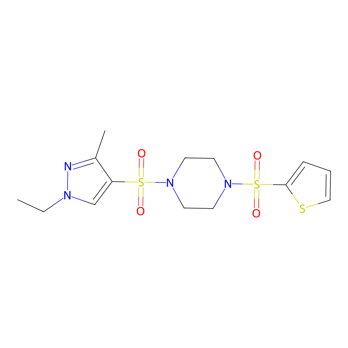 1-[(1-Ethyl-3-methyl-1H-pyrazol-4-YL)sulfonyl]-4-(2-thienylsulfonyl)piperazine molecular structure, CAS 1005624-60-1