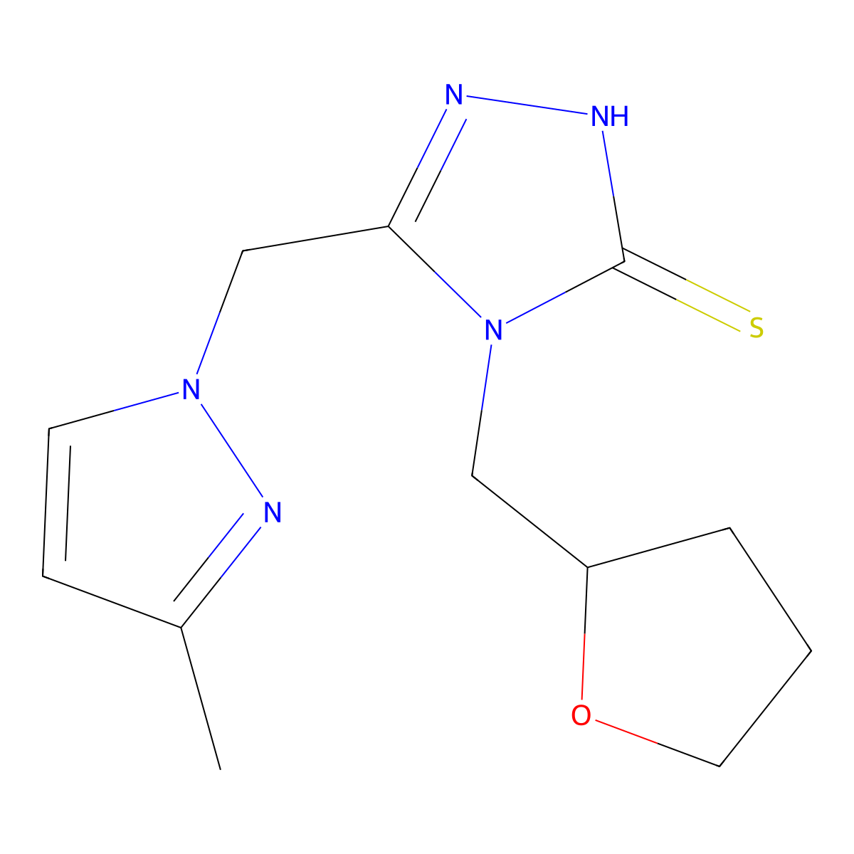 5-((3-Methyl-1H-pyrazol-1-yl)methyl)-4-((tetrahydrofuran-2-yl)methyl)-4H-1,2,4-triazole-3-thiol molecular structure, CAS 1005624-63-4