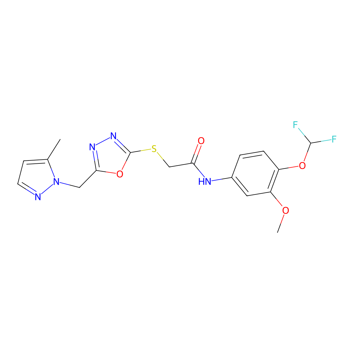 N-[4-(difluoromethoxy)-3-methoxyphenyl]-2-({5-[(5-methyl-1H-pyrazol-1-yl)methyl]-1,3,4-oxadiazol-2-yl}sulfanyl)acetamide molecular structure, CAS 1005624-97-4