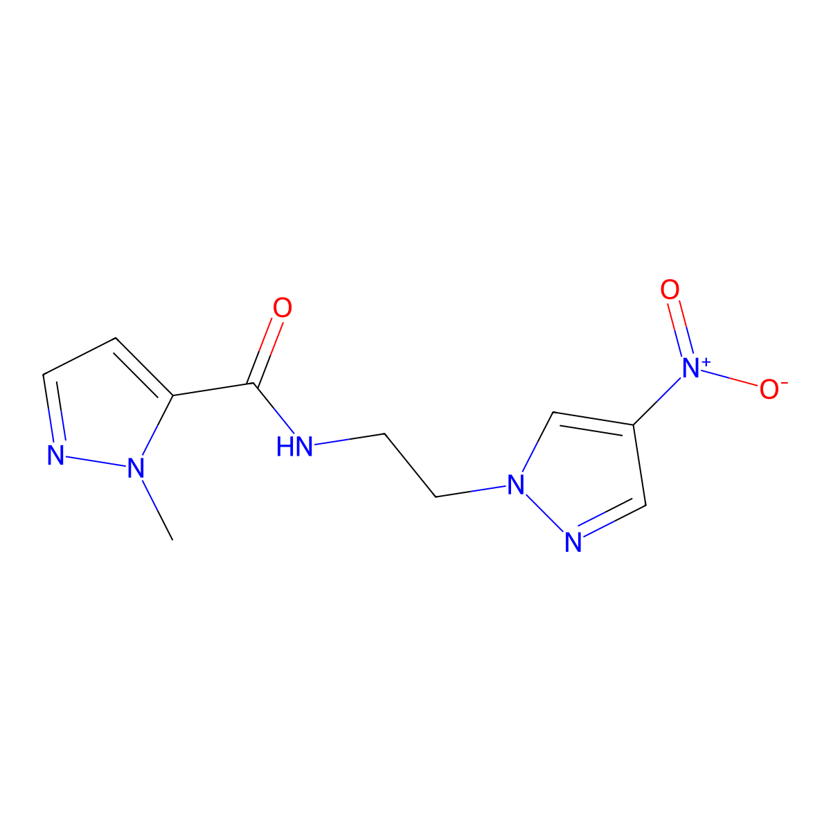 2-methyl-N-[2-(4-nitropyrazol-1-yl)ethyl]pyrazole-3-carboxamide molecular structure, CAS 1005625-11-5