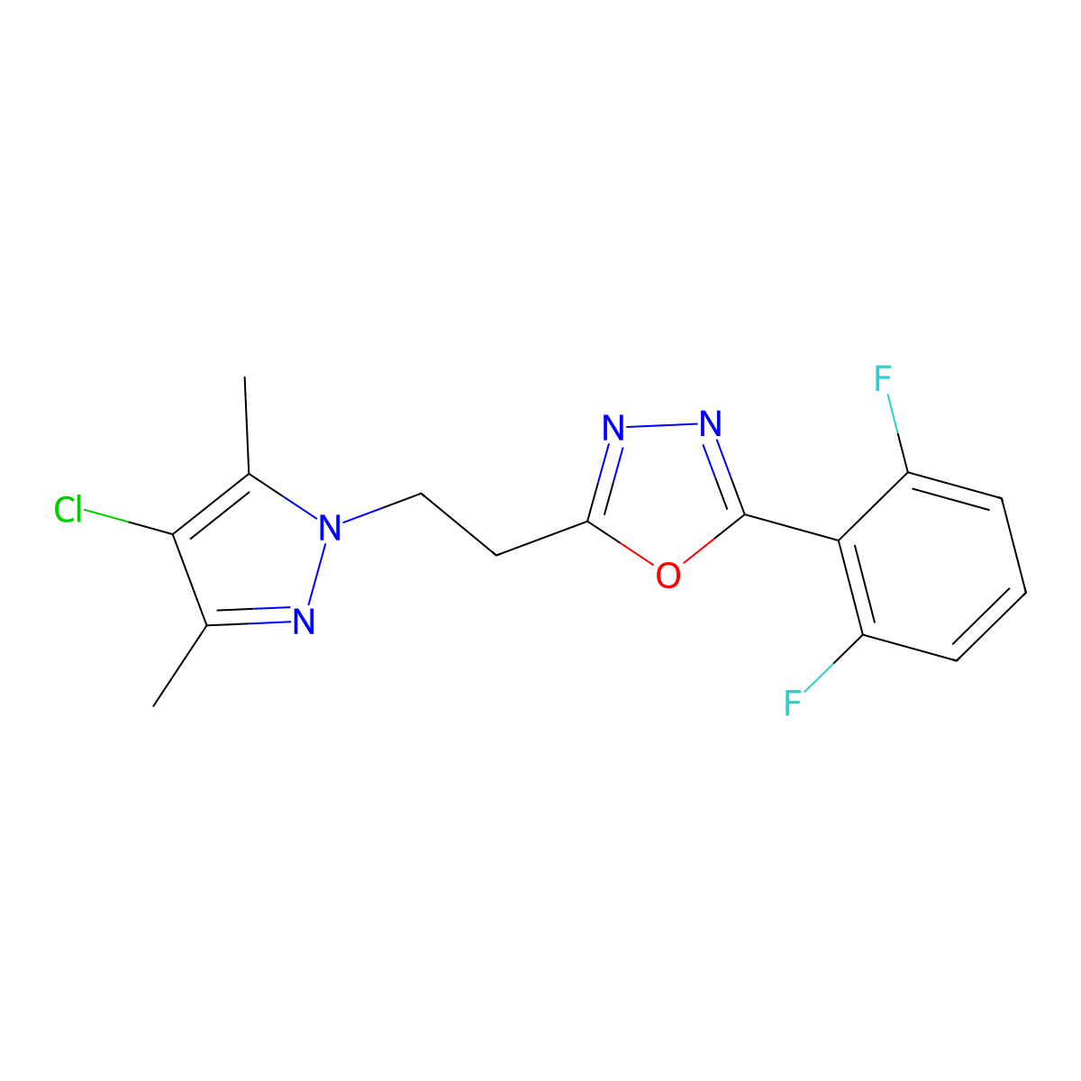 2-[2-(4-Chloro-3,5-dimethylpyrazol-1-yl)ethyl]-5-(2,6-difluorophenyl)-1,3,4-oxadiazole molecular structure, CAS 1005625-28-4
