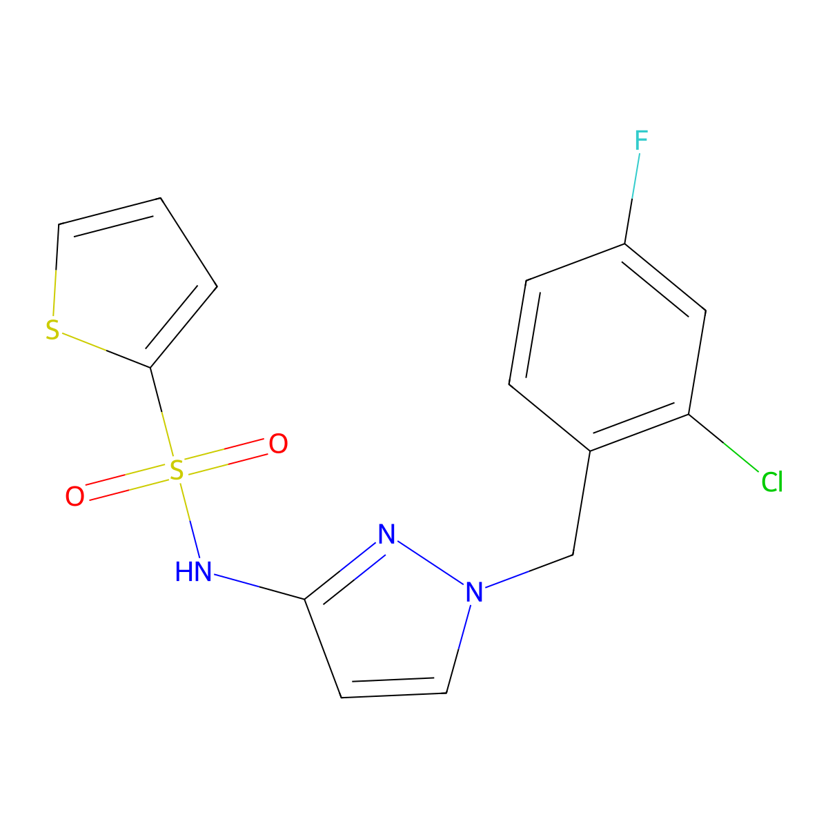 N-[1-[(2-chloro-4-fluorophenyl)methyl]pyrazol-3-yl]thiophene-2-sulfonamide molecular structure, CAS 1005625-53-5