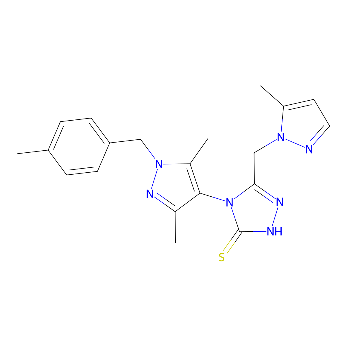 4-[3,5-dimethyl-1-(4-methylbenzyl)-1H-pyrazol-4-yl]-5-[(5-methyl-1H-pyrazol-1-yl)methyl]-4H-1,2,4-triazole-3-thiol molecular structure, CAS 1005625-92-2