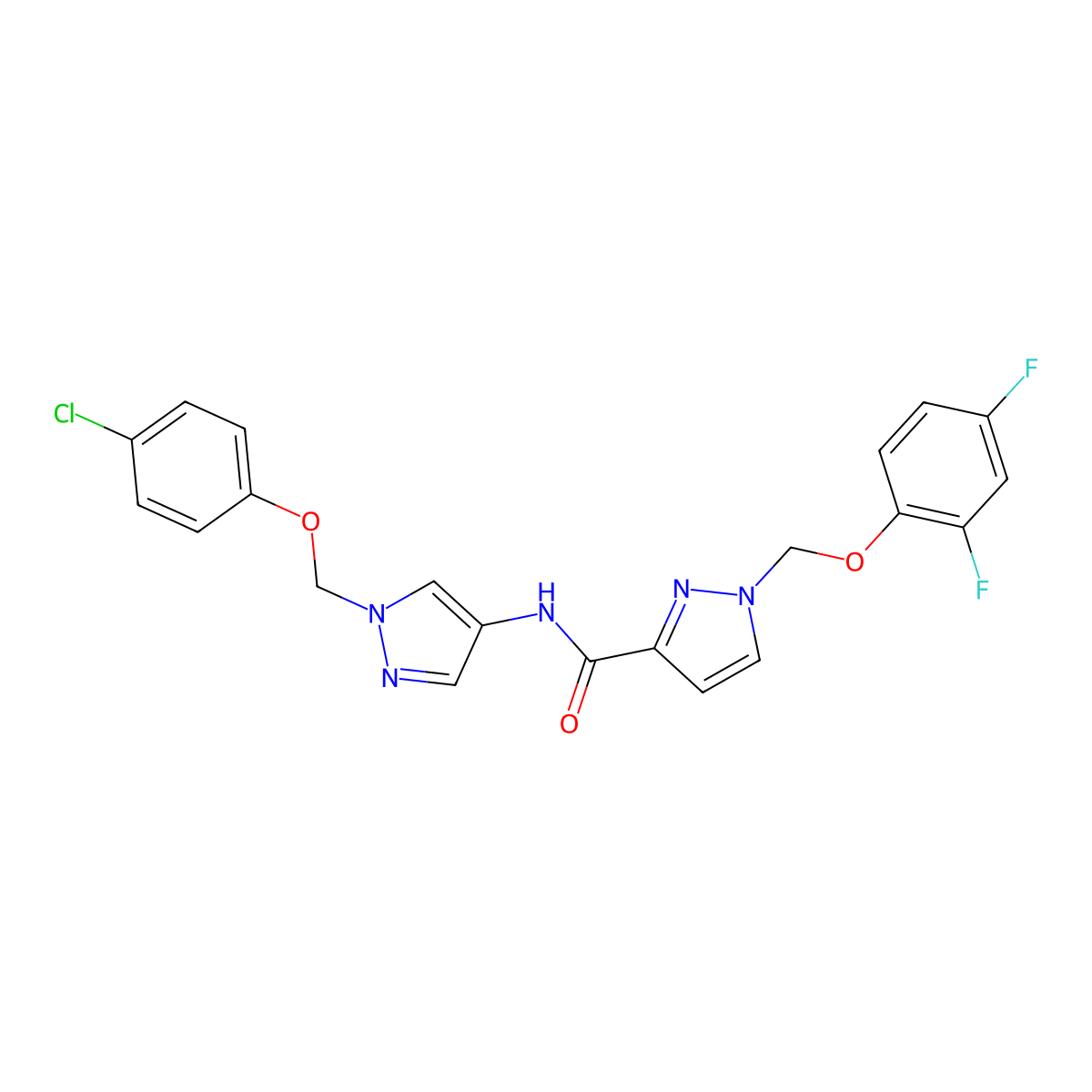 N-[1-[(4-chlorophenoxy)methyl]pyrazol-4-yl]-1-[(2,4-difluorophenoxy)methyl]pyrazole-3-carboxamide molecular structure, CAS 1005627-05-3