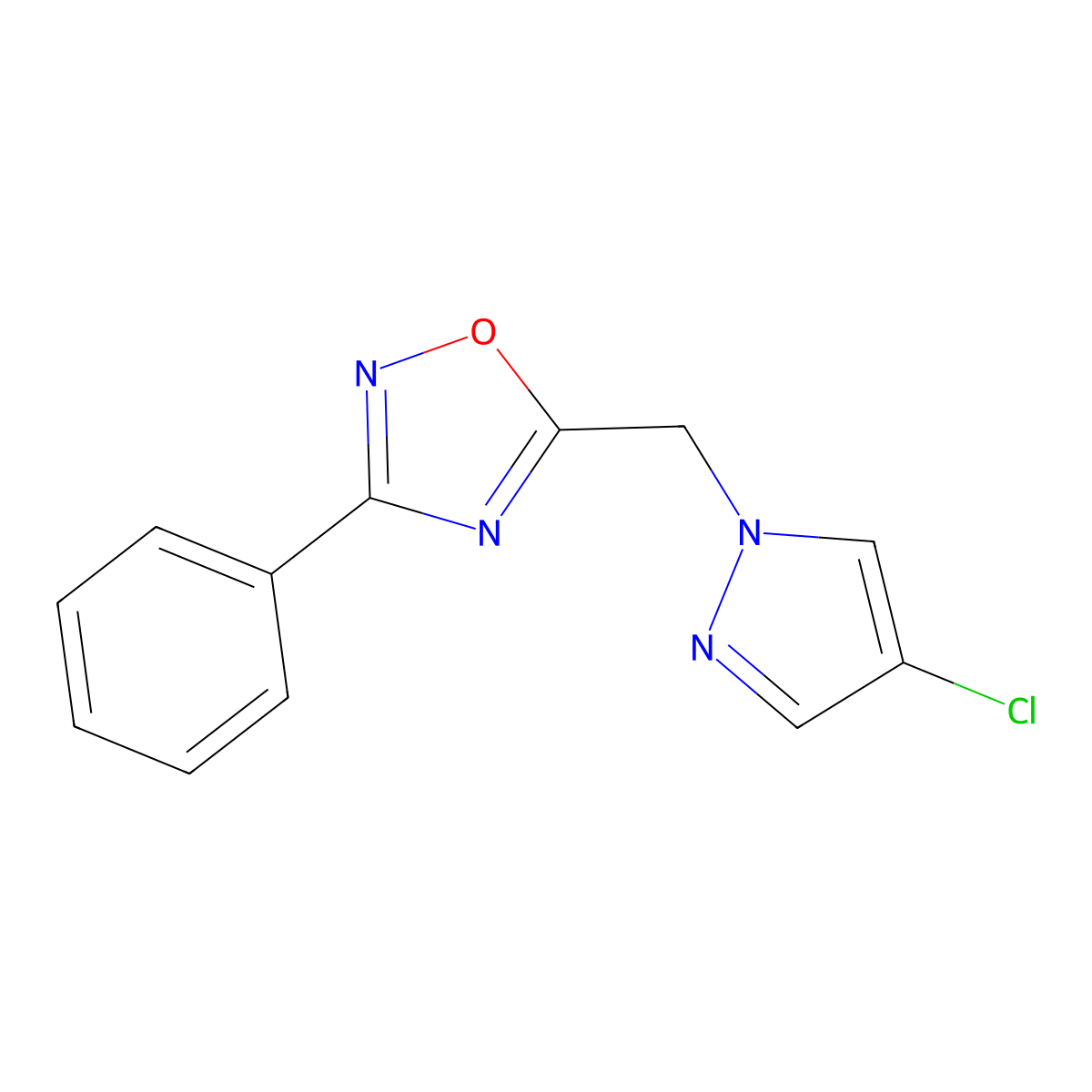 5-((4-chloro-1H-pyrazol-1-yl)methyl)-3-phenyl-1,2,4-oxadiazole molecular structure, CAS 1005627-11-1