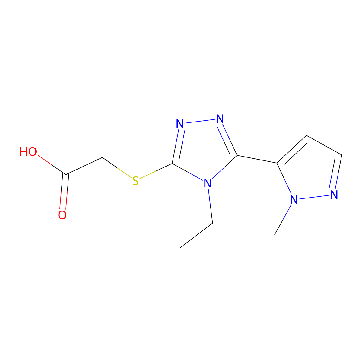 2-((4-Ethyl-5-(1-methyl-1H-pyrazol-5-yl)-4H-1,2,4-triazol-3-yl)thio)acetic acid molecular structure, CAS 1005627-33-7