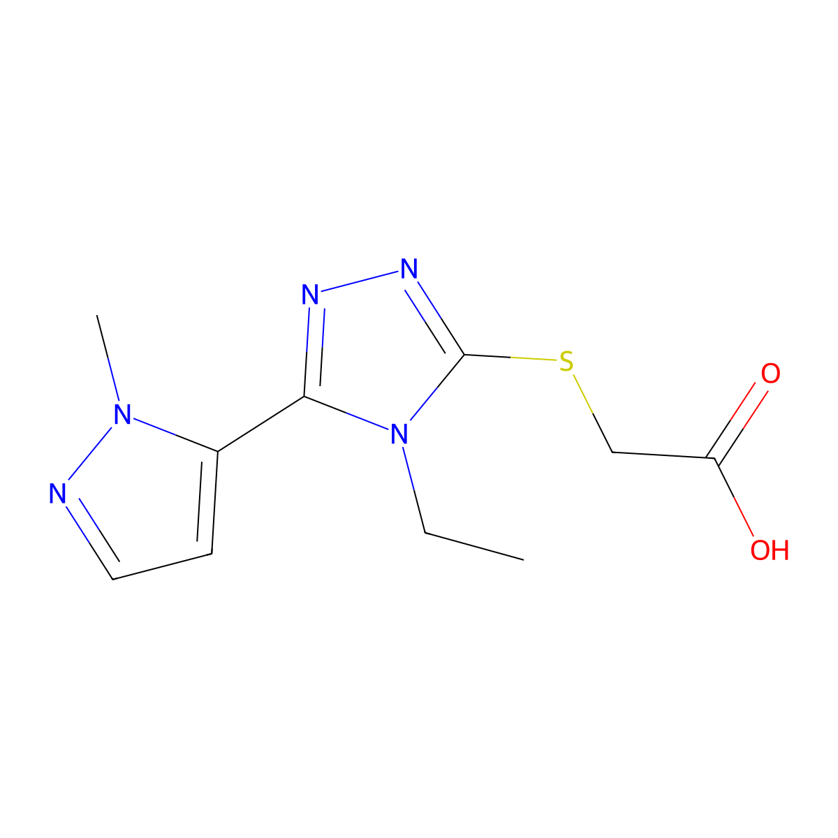 2-((4-Ethyl-5-(1-methyl-1H-pyrazol-5-yl)-4H-1,2,4-triazol-3-yl)thio)acetic acid molecular structure, CAS 1005627-33-7